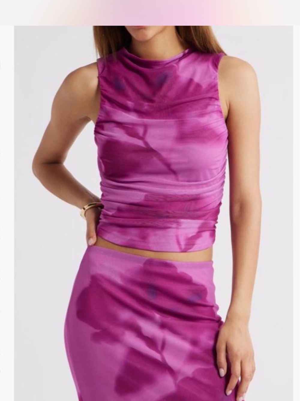 Open Edit Skirt Set- Sleeveless Ruched Camisole Top and Maxi Skirt in Magenta